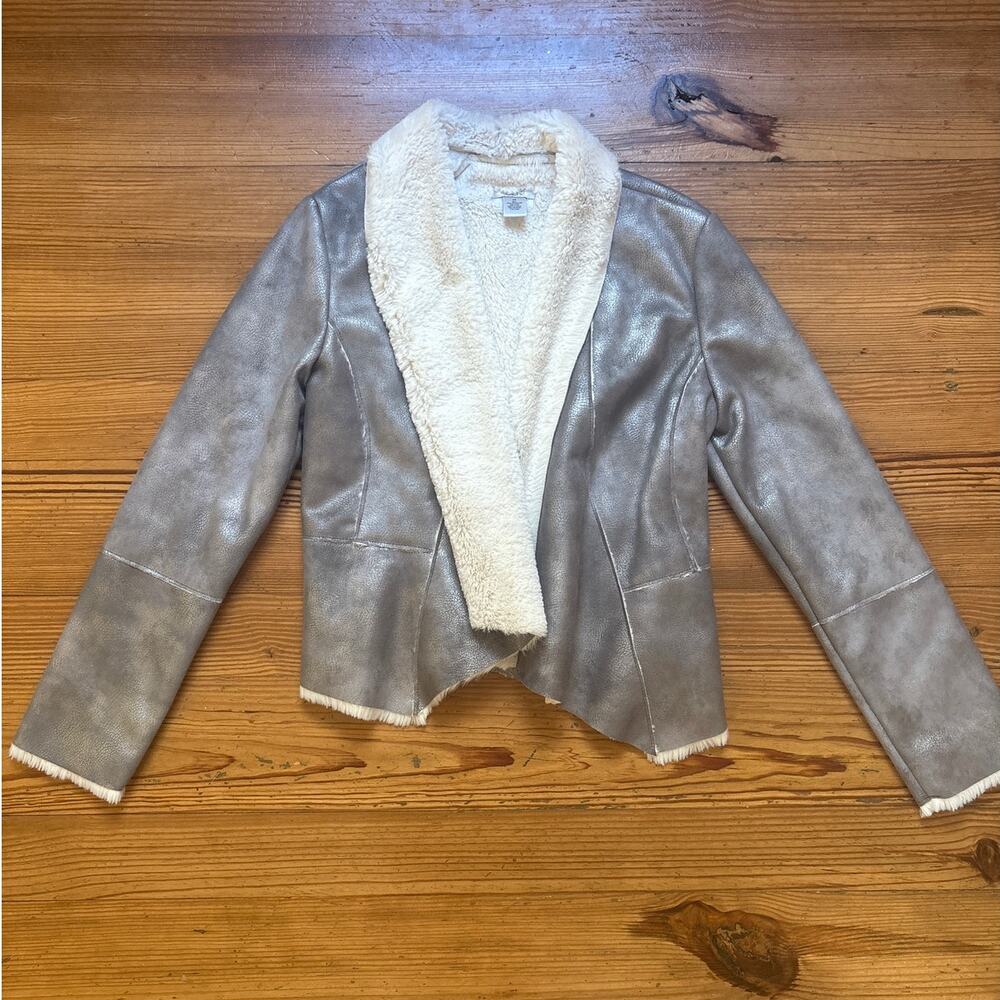 Cache silver metallic faux suede white sherpa lined open jacket SIZE XS